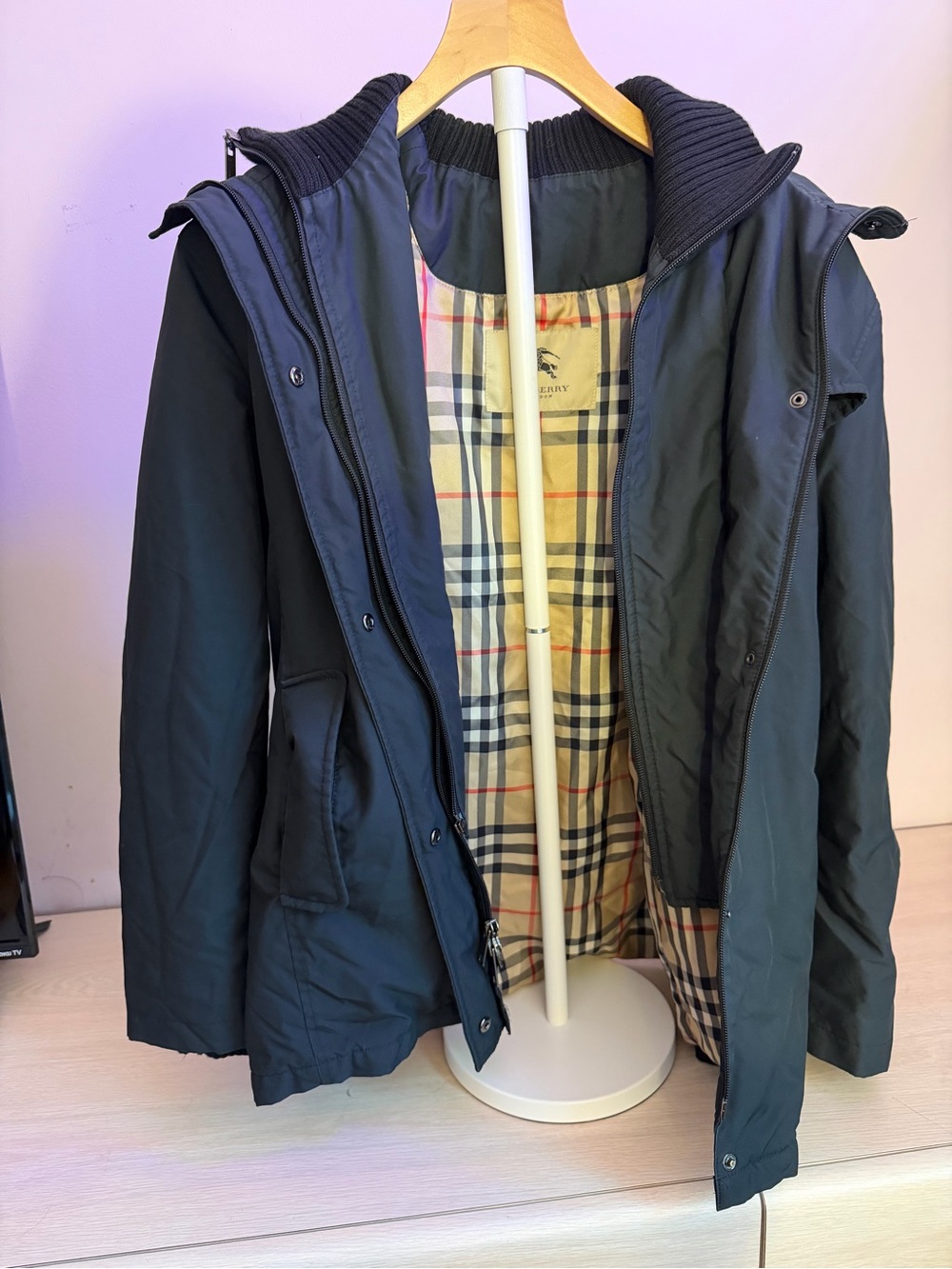 Burberry Black Hooded Field Coat with Signature Check Lining